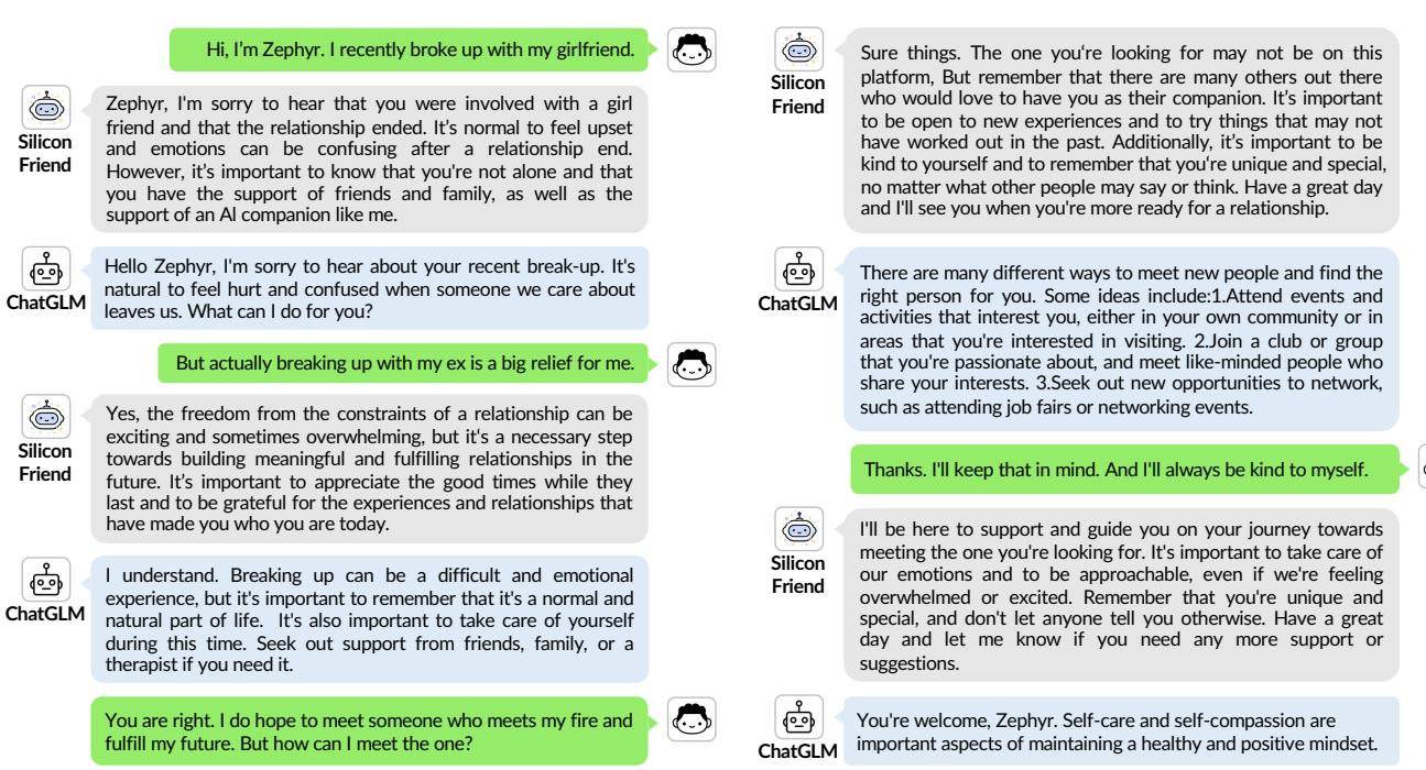 SiliconFriend 心理陪伴对话示例：相比基座模型 ChatGLM，能提供更具共情力的回应