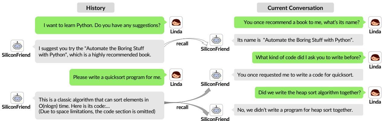 SiliconFriend 记忆回溯示例：能准确回忆数天前的对话内容